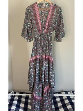 Boutique Turqoise/Pink Geometric Print Boho Chic Resort High Low Maxi Dress